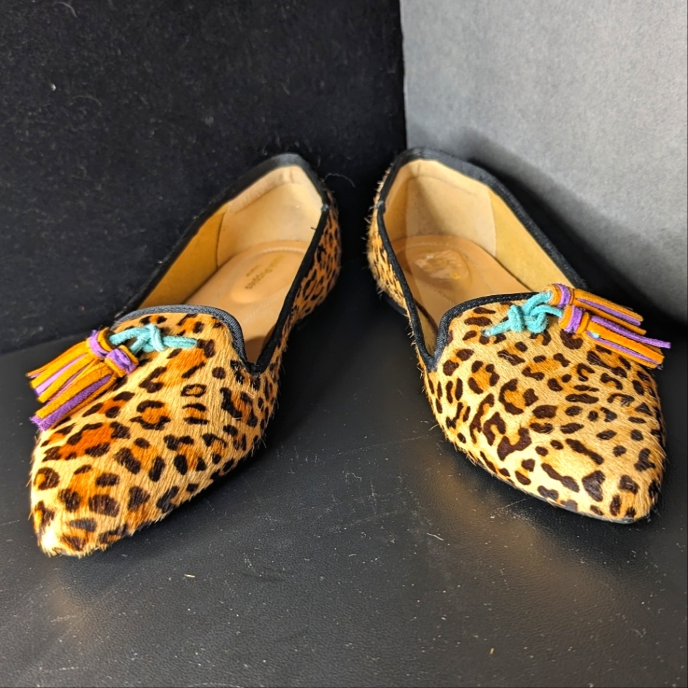 Hush Puppies NWOT 7 cheetah print genuine fur colorful tassel slip on loafers‎